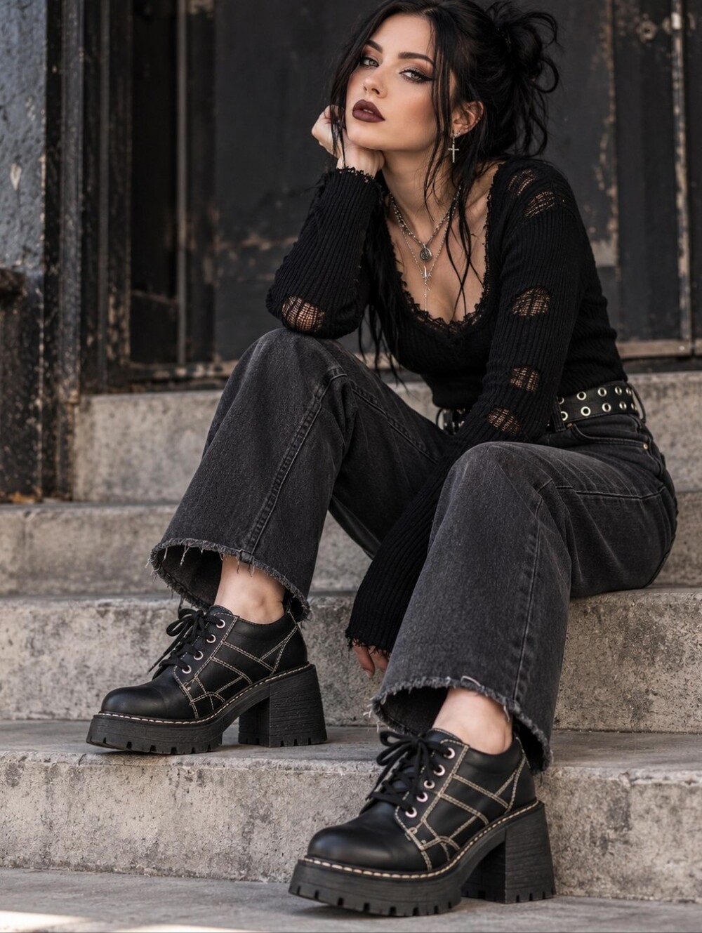 Black Gothic Punk Lug Sole Platform Oxford Lace Up 90s Style Shoes. Ladies Med